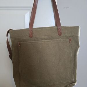 Madewell Olive Green Canvas Tote Bag with Brown Leather Straps